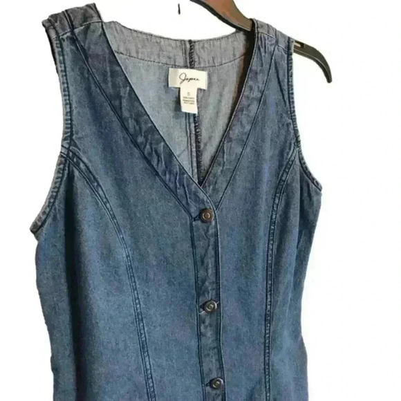 Japna Medium Wash denim button front fitted sleeveless belted dress size small - Picture 2 of 11